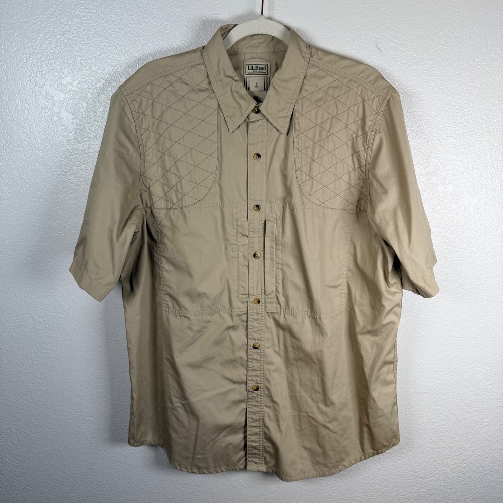 LL Bean Mens Large Khaki Cotton Short Sleeve Shooting Hunting Shirt OHKX7
